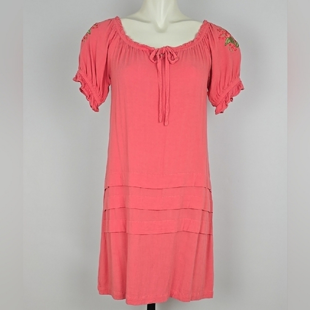 NUBIA Women's Off The Shoulder Pink Coral Dress Floral Embroidery Stretch Size L